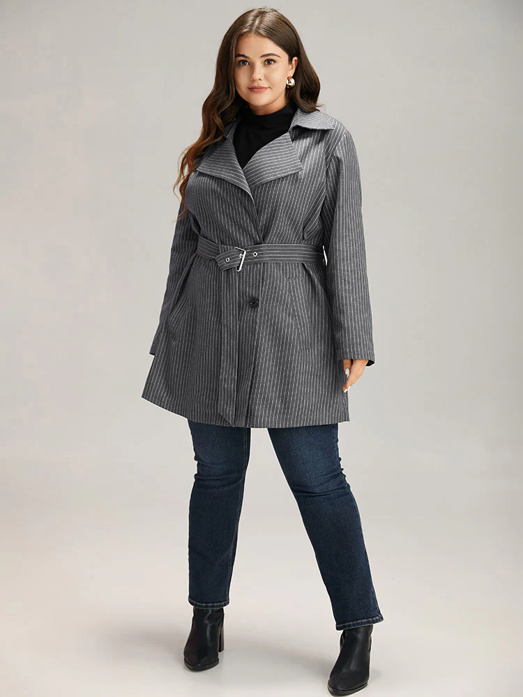 Striped Belted Lapel Collar Tunic Coat - Image 4