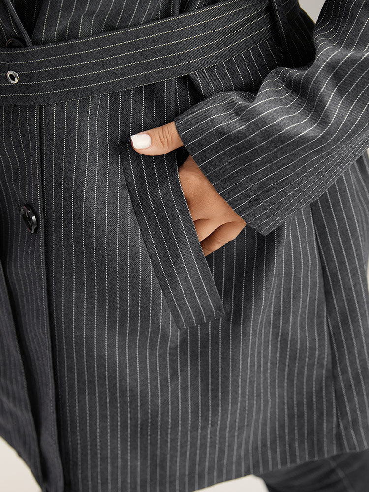Striped Belted Lapel Collar Tunic Coat - Image 5