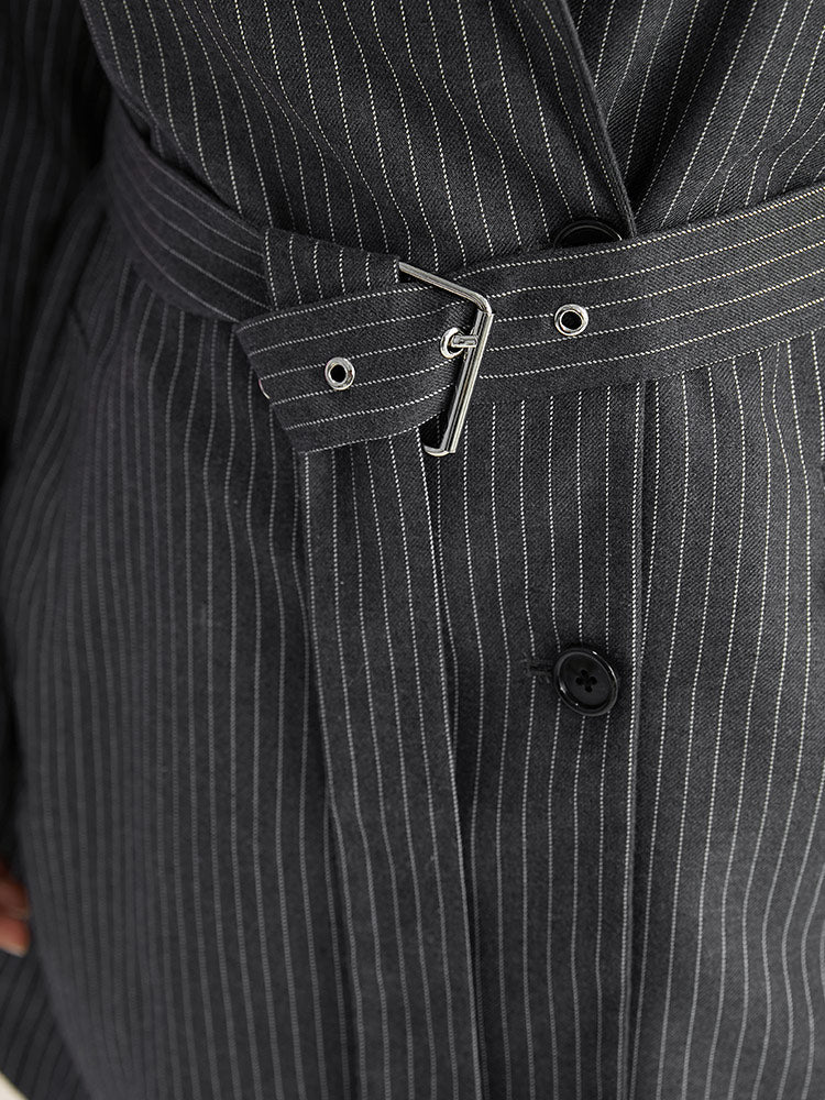 Striped Belted Lapel Collar Tunic Coat - Image 7