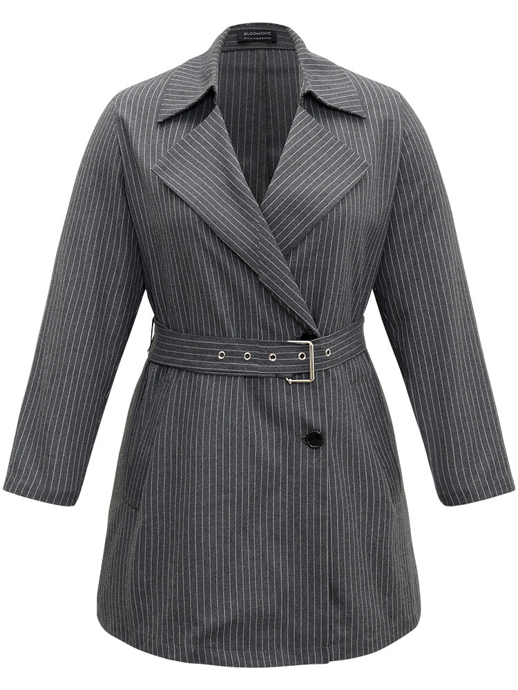 Striped Belted Lapel Collar Tunic Coat - Image 8