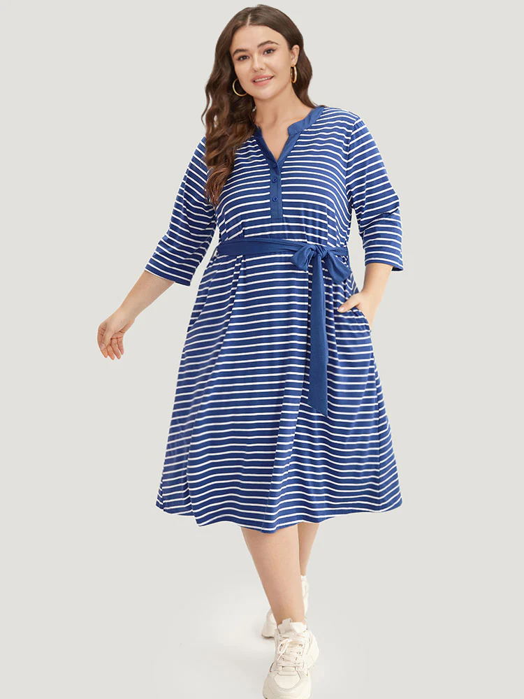 Striped Belted Notched Dress - Image 2