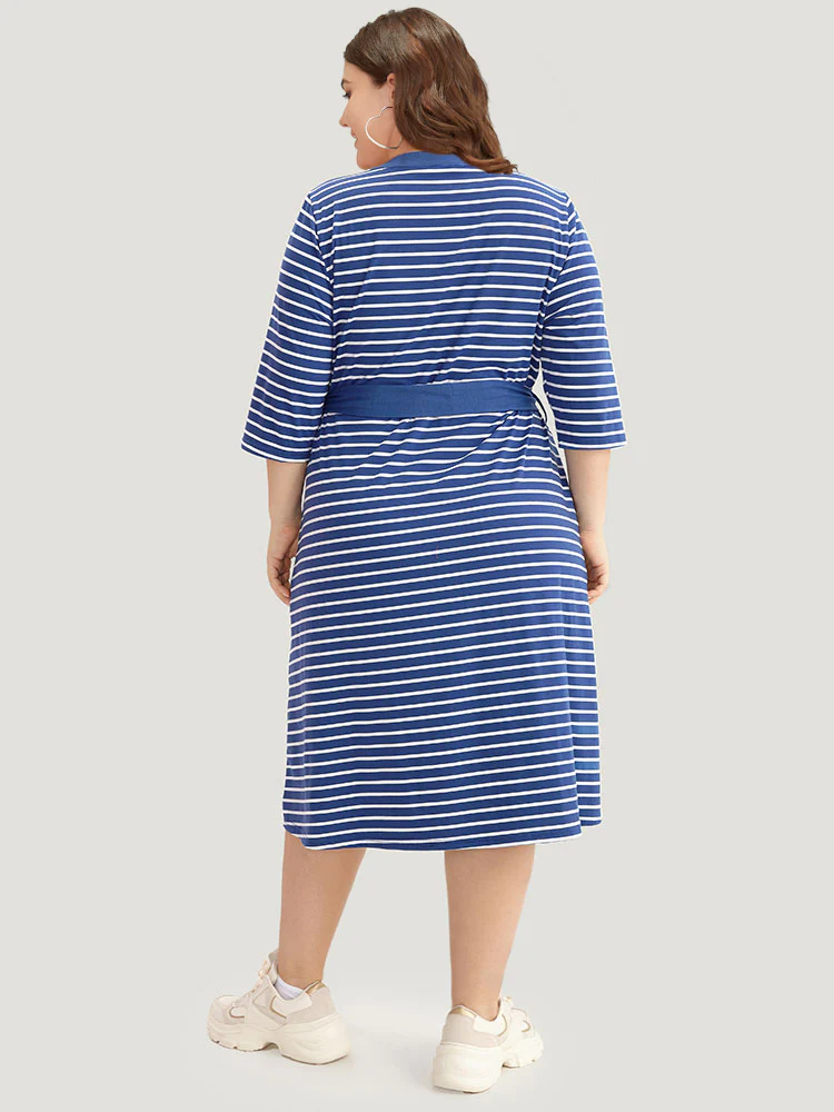 Striped Belted Notched Dress - Image 3