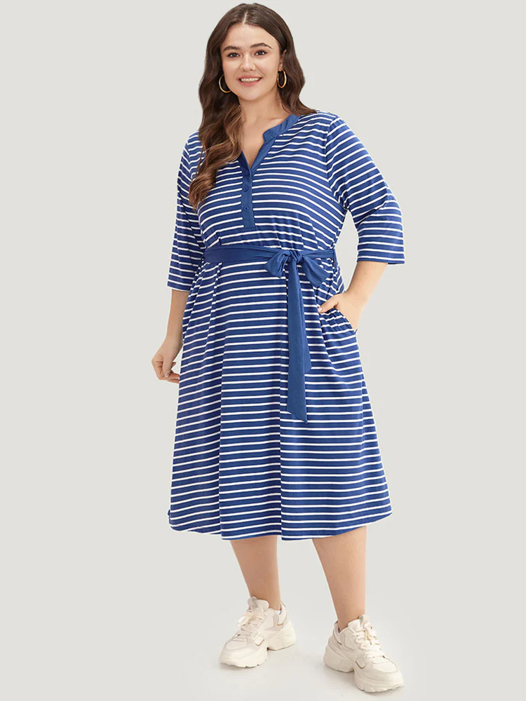 Striped Belted Notched Dress - Image 4