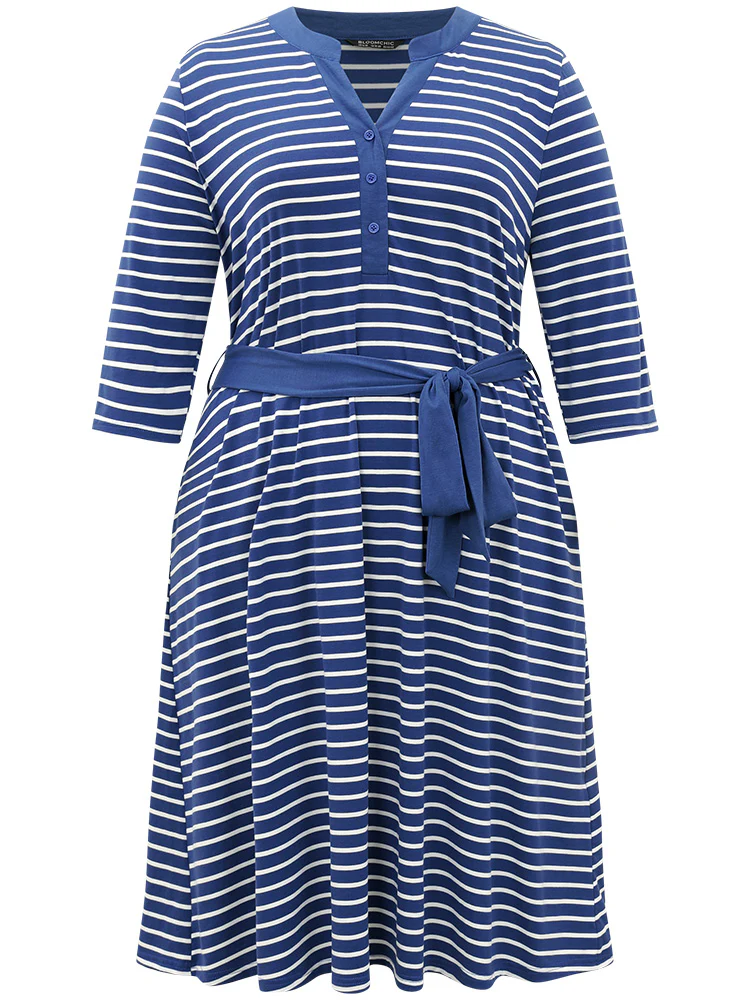 Striped Belted Notched Dress - Image 7