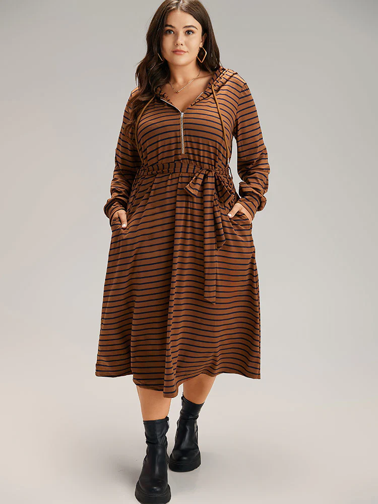 Striped Belted Zipper Drawstring Dress - Image 2