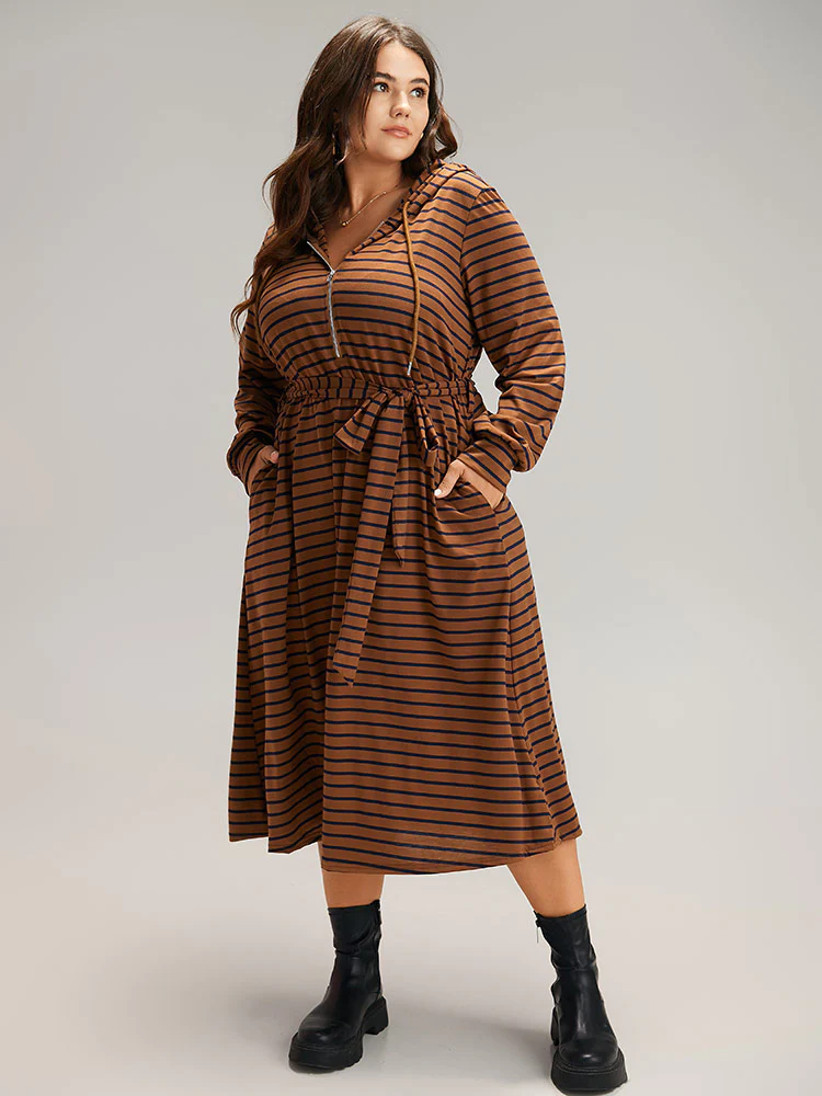Striped Belted Zipper Drawstring Dress - Image 3
