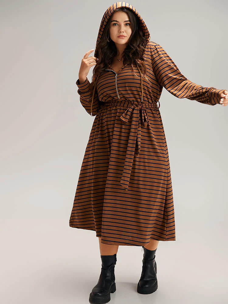 Striped Belted Zipper Drawstring Dress - Image 4