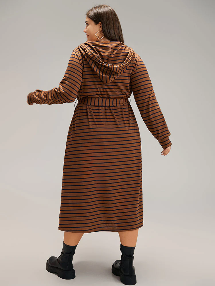 Striped Belted Zipper Drawstring Dress - Image 5