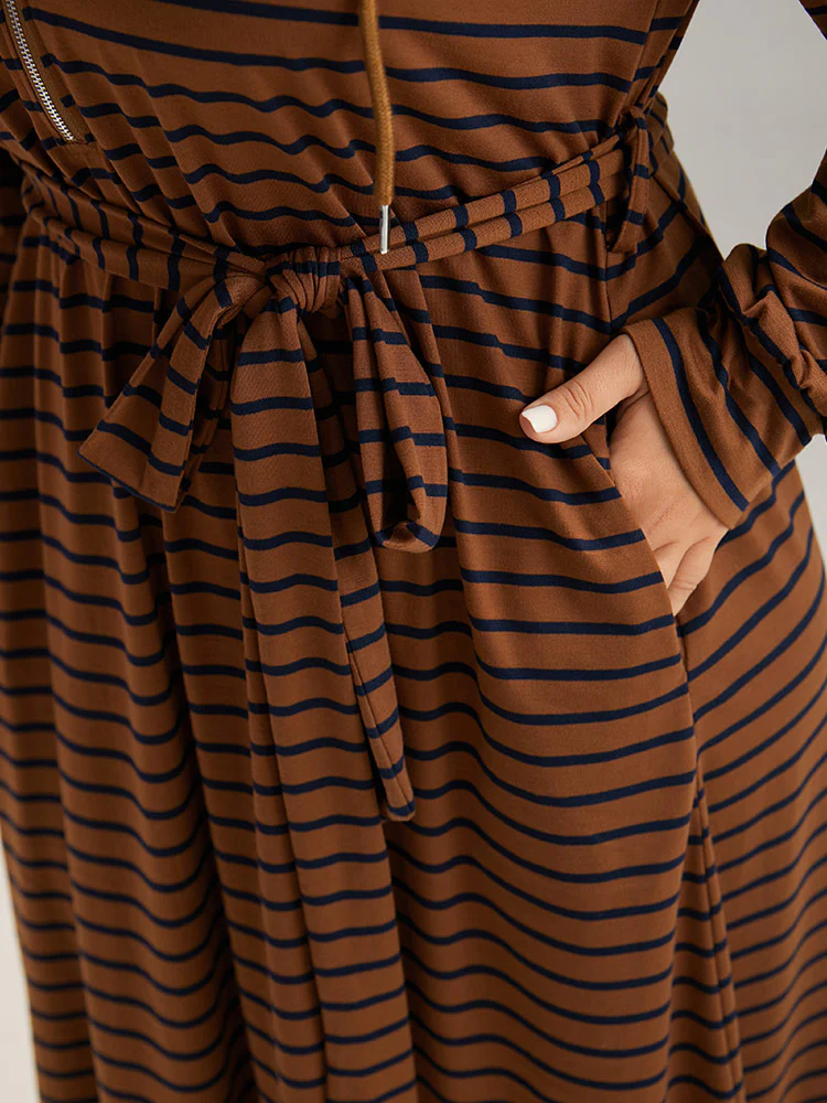 Striped Belted Zipper Drawstring Dress - Image 7