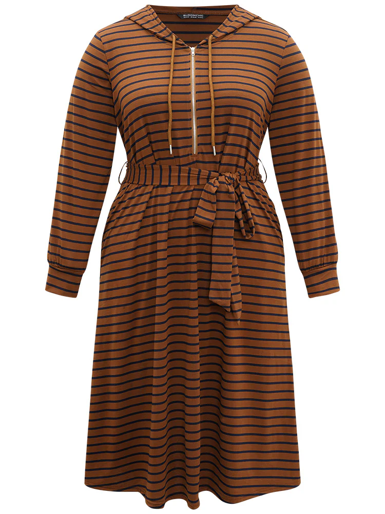 Striped Belted Zipper Drawstring Dress - Image 8