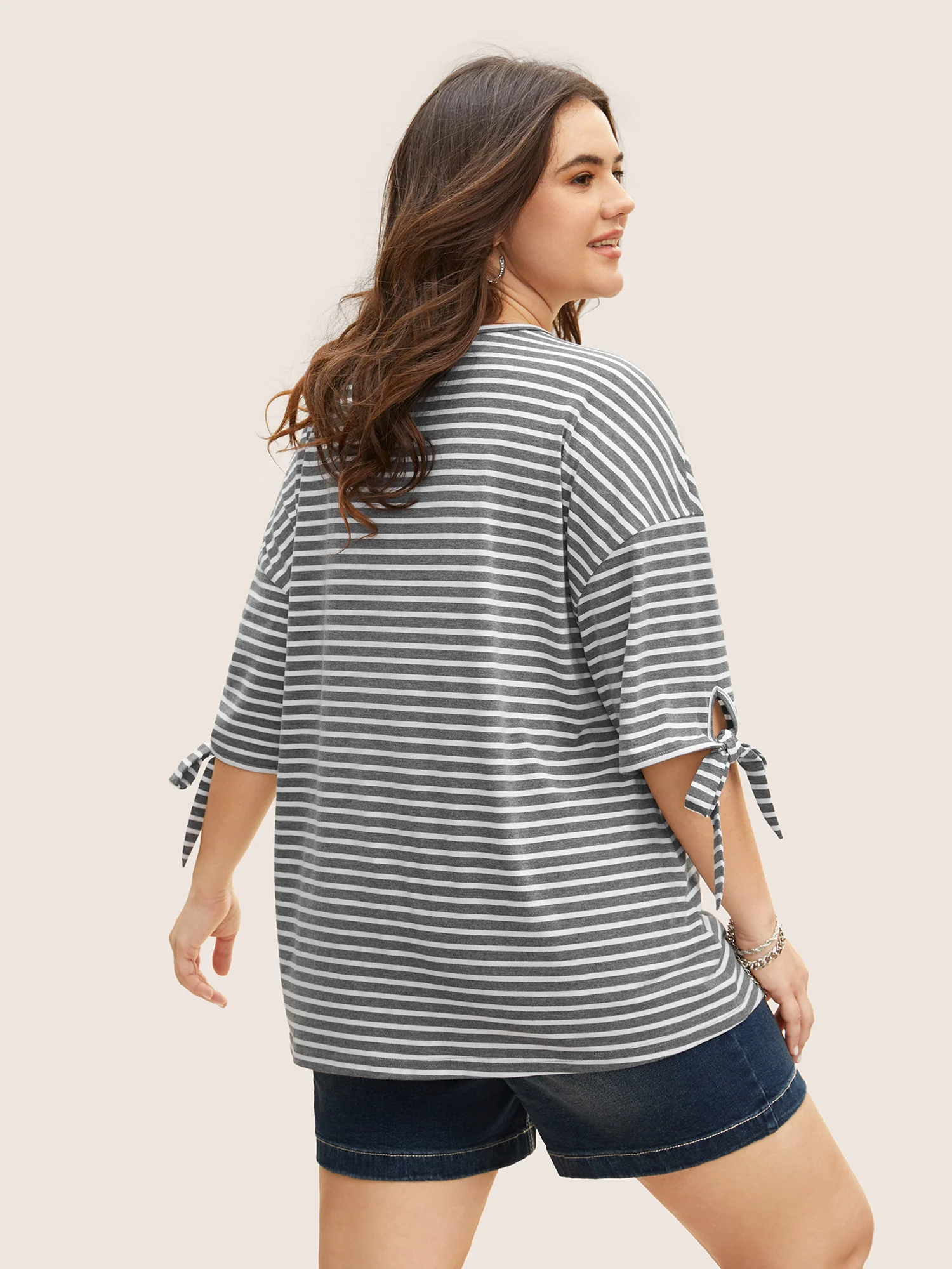 Striped Boat Neck Tie Knot T-shirt - Image 2