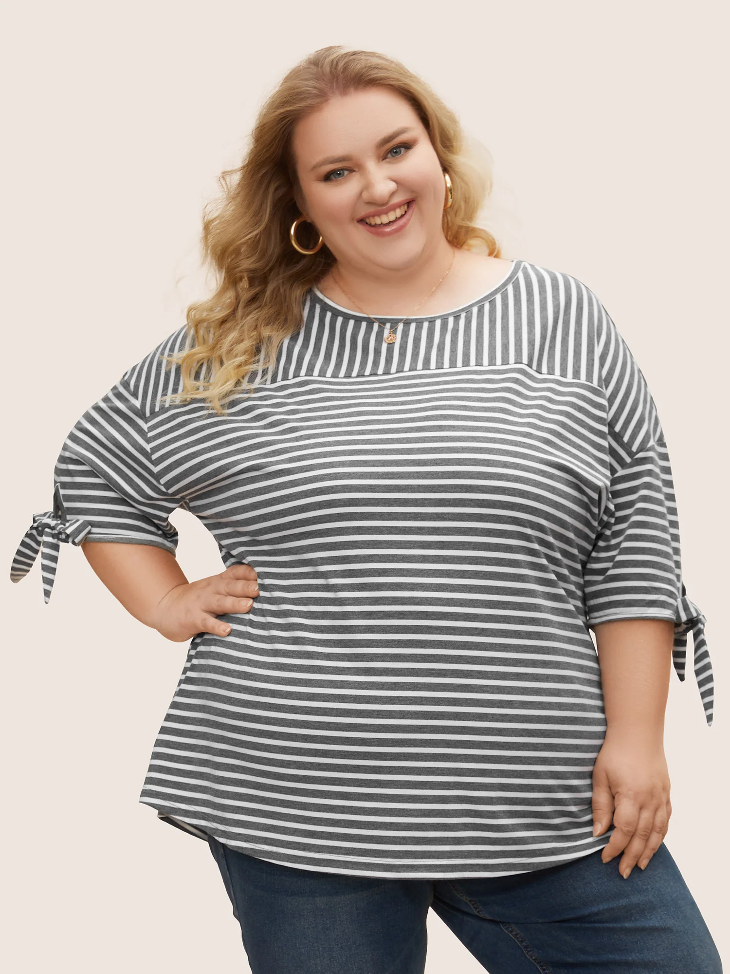 Striped Boat Neck Tie Knot T-shirt - Image 5