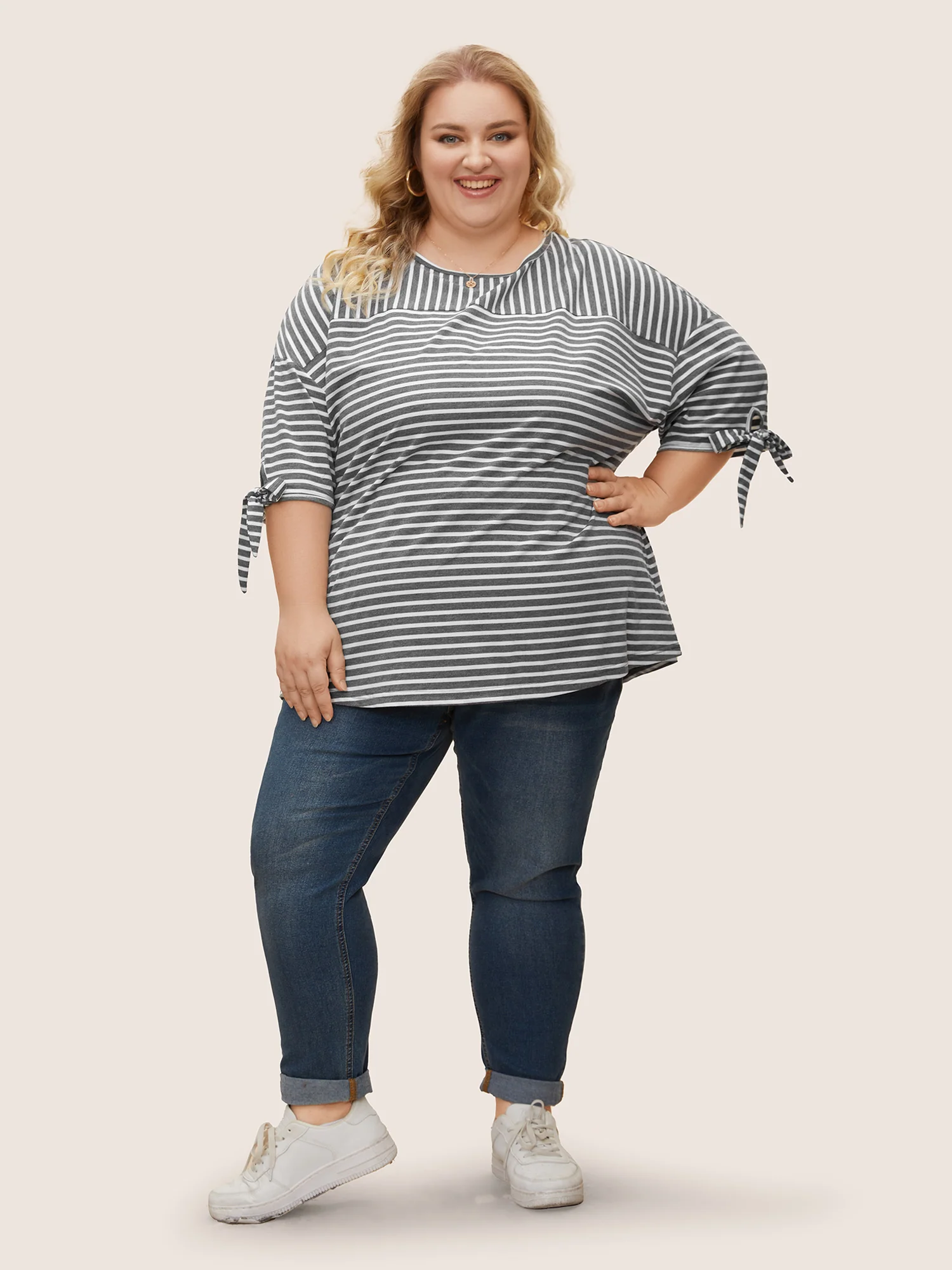 Striped Boat Neck Tie Knot T-shirt - Image 6