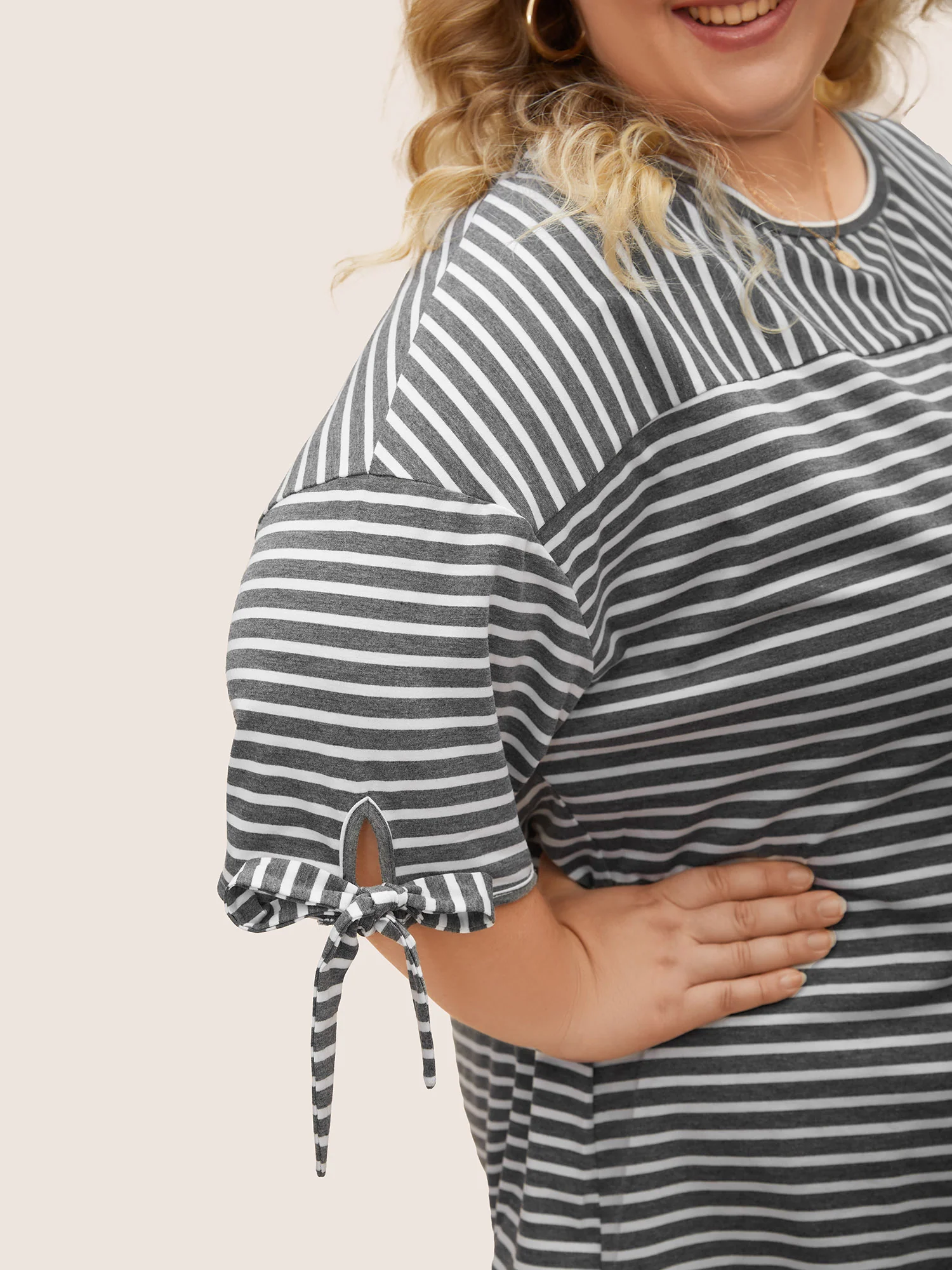 Striped Boat Neck Tie Knot T-shirt - Image 7