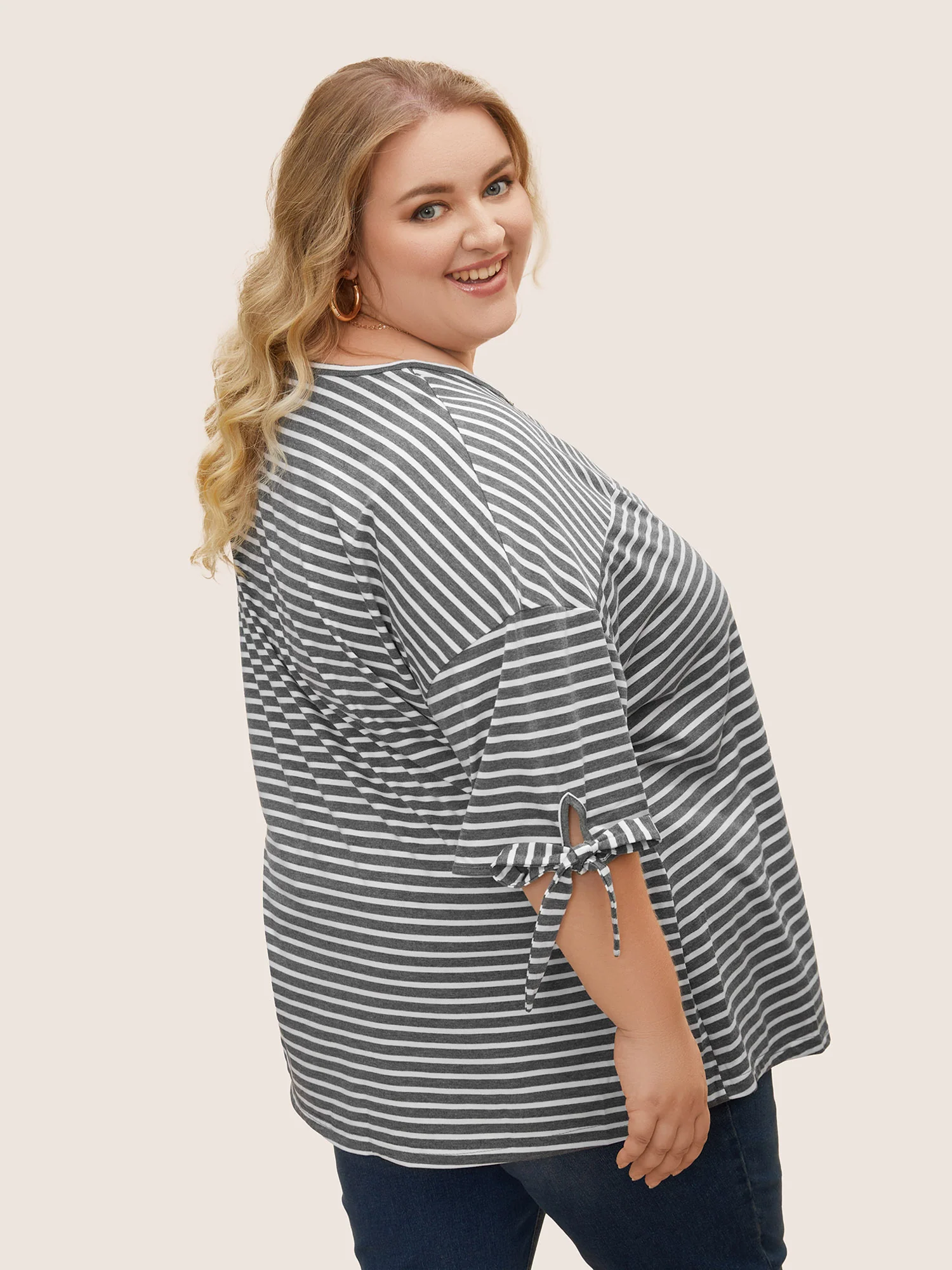 Striped Boat Neck Tie Knot T-shirt - Image 8
