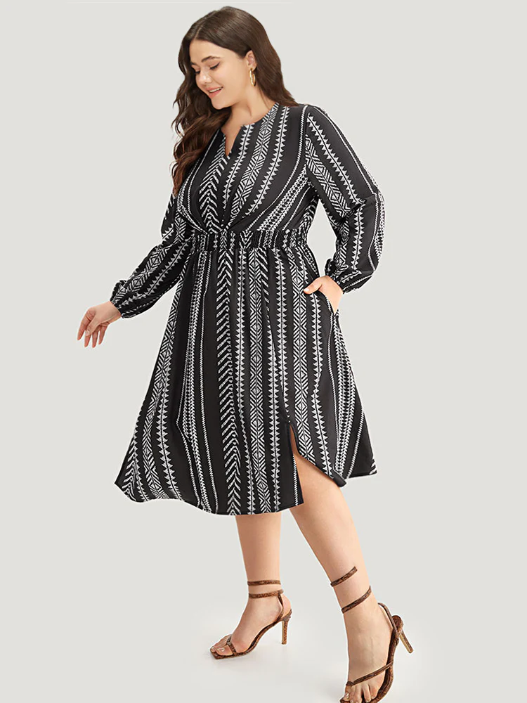 Striped Boho Print Shirred Split Hem Dress - Image 2