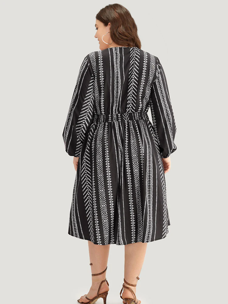 Striped Boho Print Shirred Split Hem Dress - Image 3