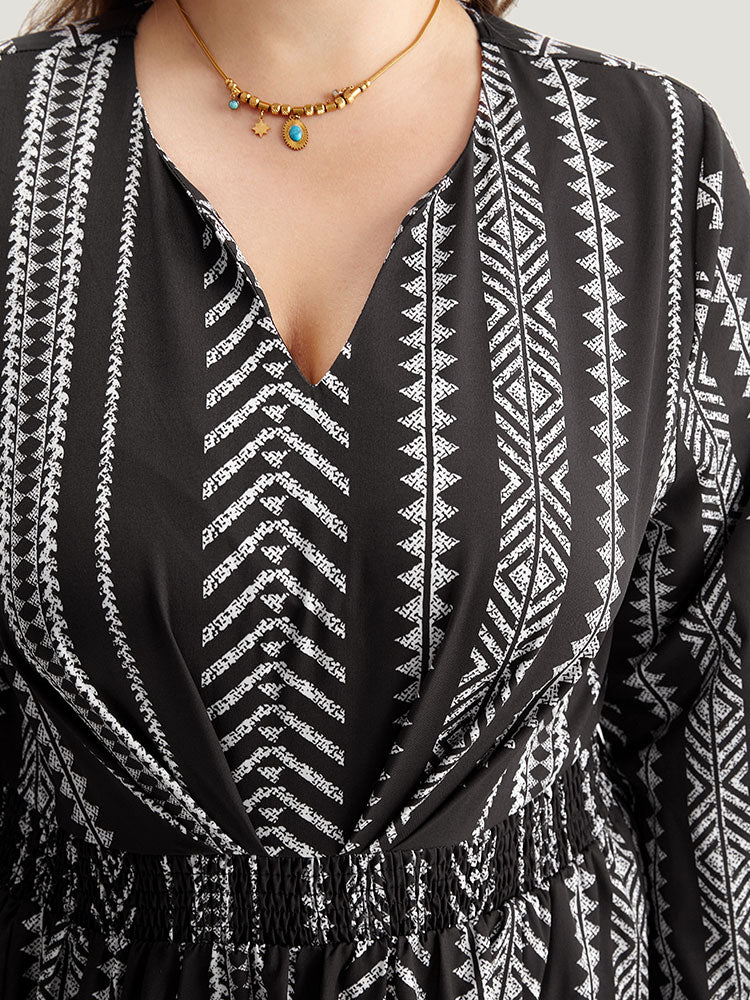 Striped Boho Print Shirred Split Hem Dress - Image 4