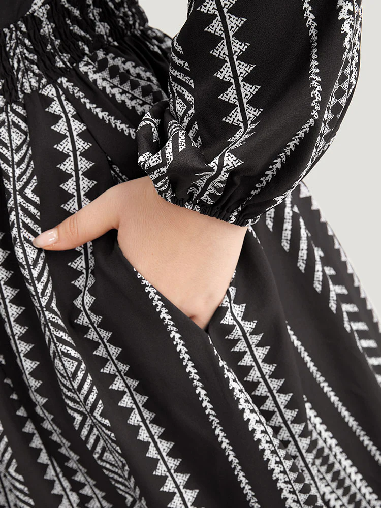 Striped Boho Print Shirred Split Hem Dress - Image 5