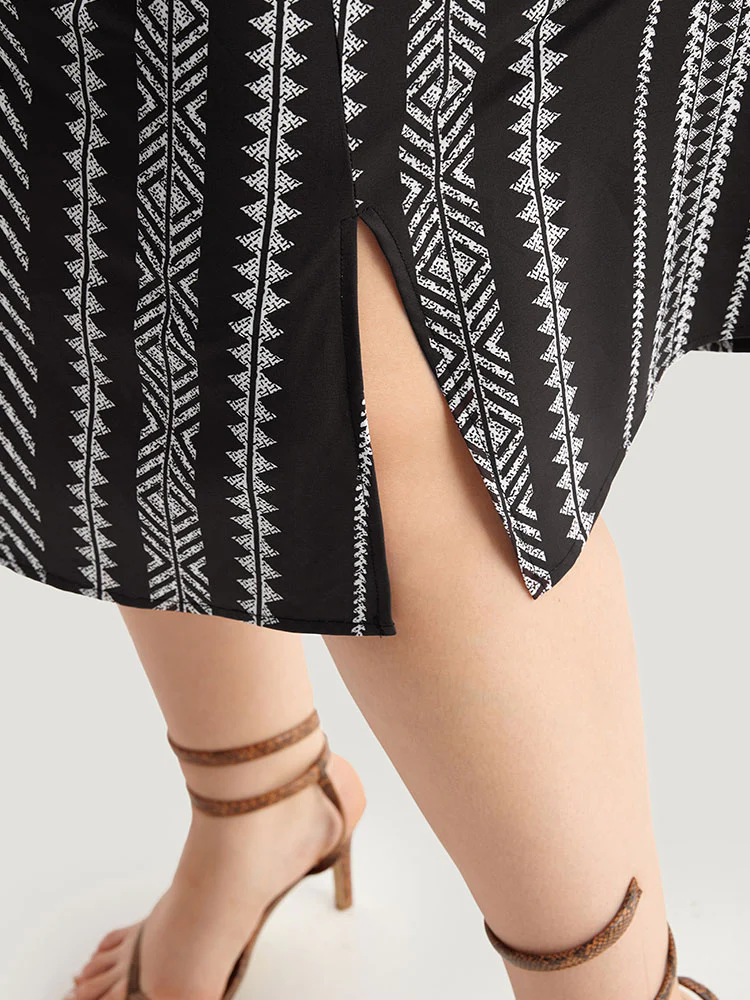 Striped Boho Print Shirred Split Hem Dress - Image 6
