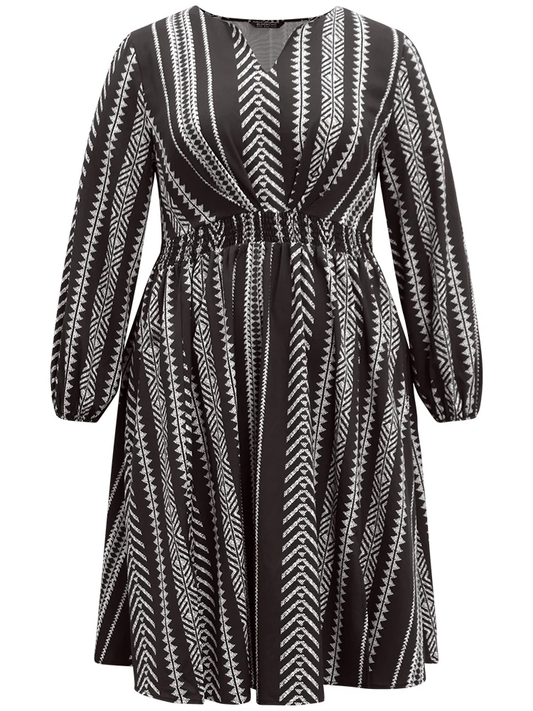 Striped Boho Print Shirred Split Hem Dress - Image 7