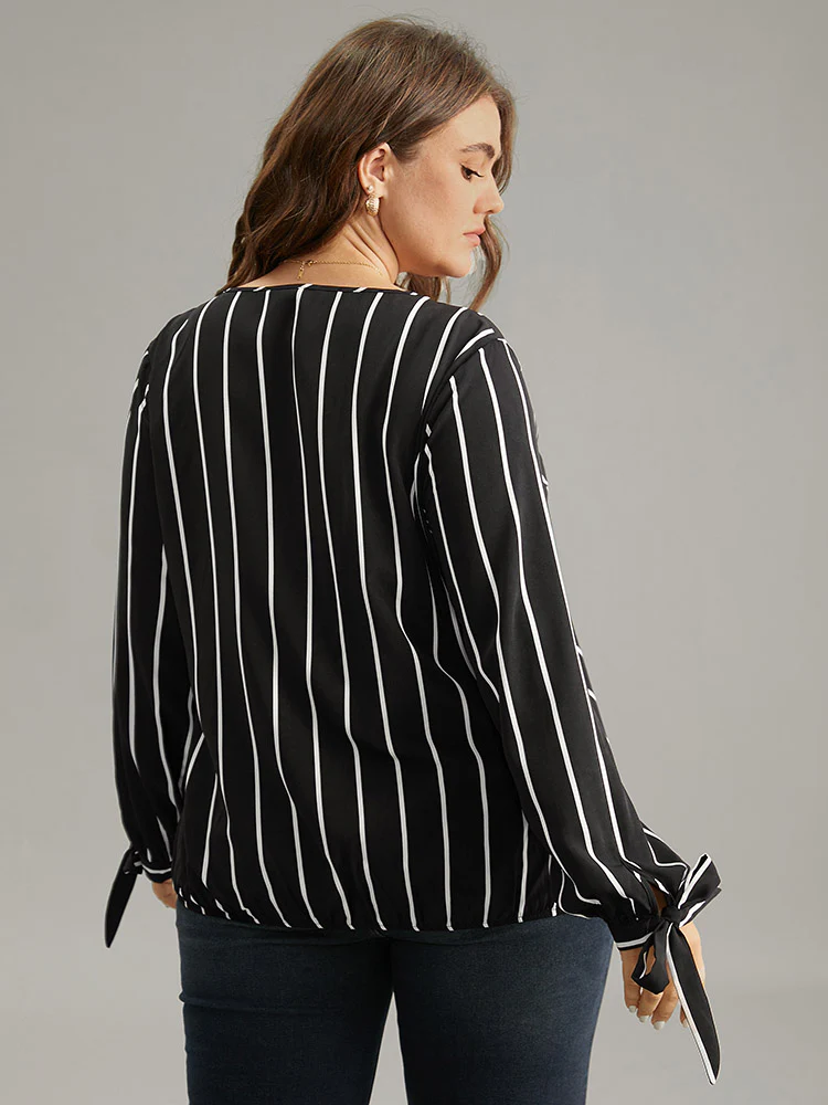 Striped Bowknot Cuffs Surplice Neck Blouse - Image 2