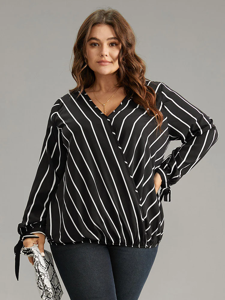 Striped Bowknot Cuffs Surplice Neck Blouse - Image 3