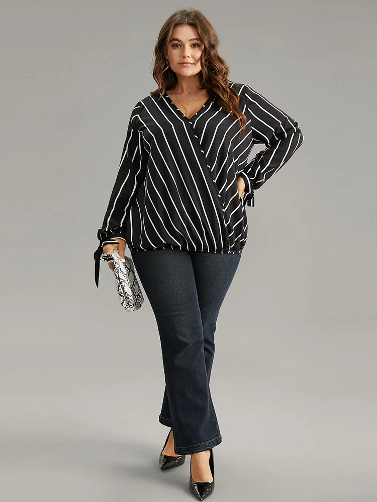 Striped Bowknot Cuffs Surplice Neck Blouse - Image 4