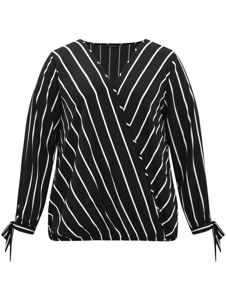 Striped Bowknot Cuffs Surplice Neck Blouse - Image 6
