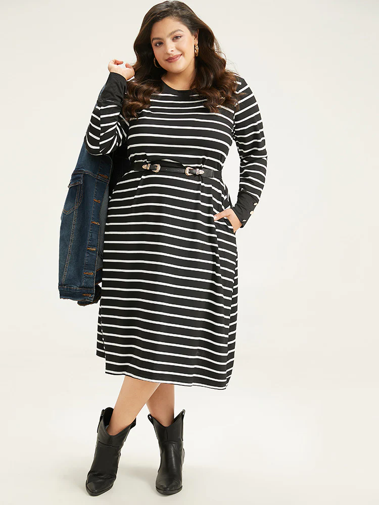 Rib Knit Striped Button Detail Patchwork Dress - Image 2