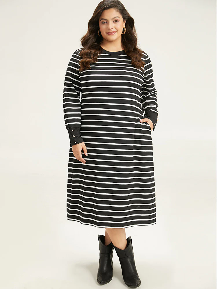 Rib Knit Striped Button Detail Patchwork Dress - Image 3