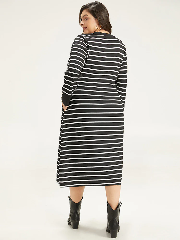 Rib Knit Striped Button Detail Patchwork Dress - Image 4