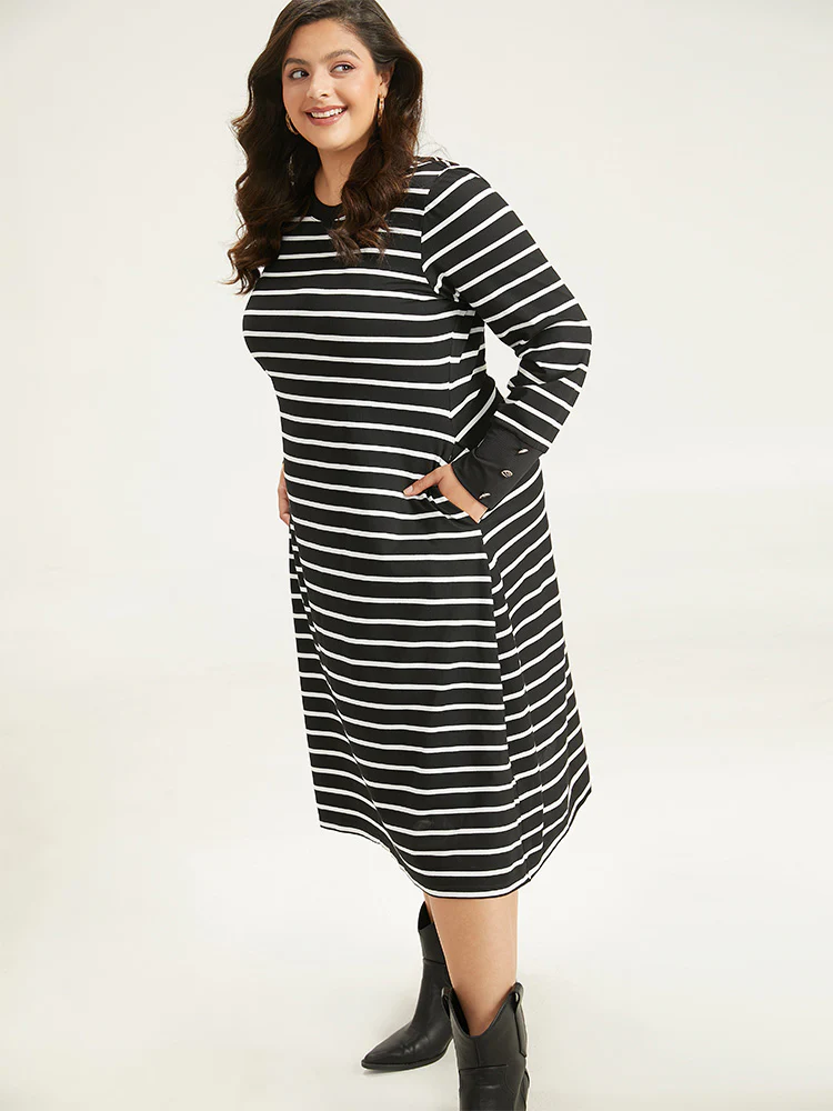 Rib Knit Striped Button Detail Patchwork Dress - Image 5