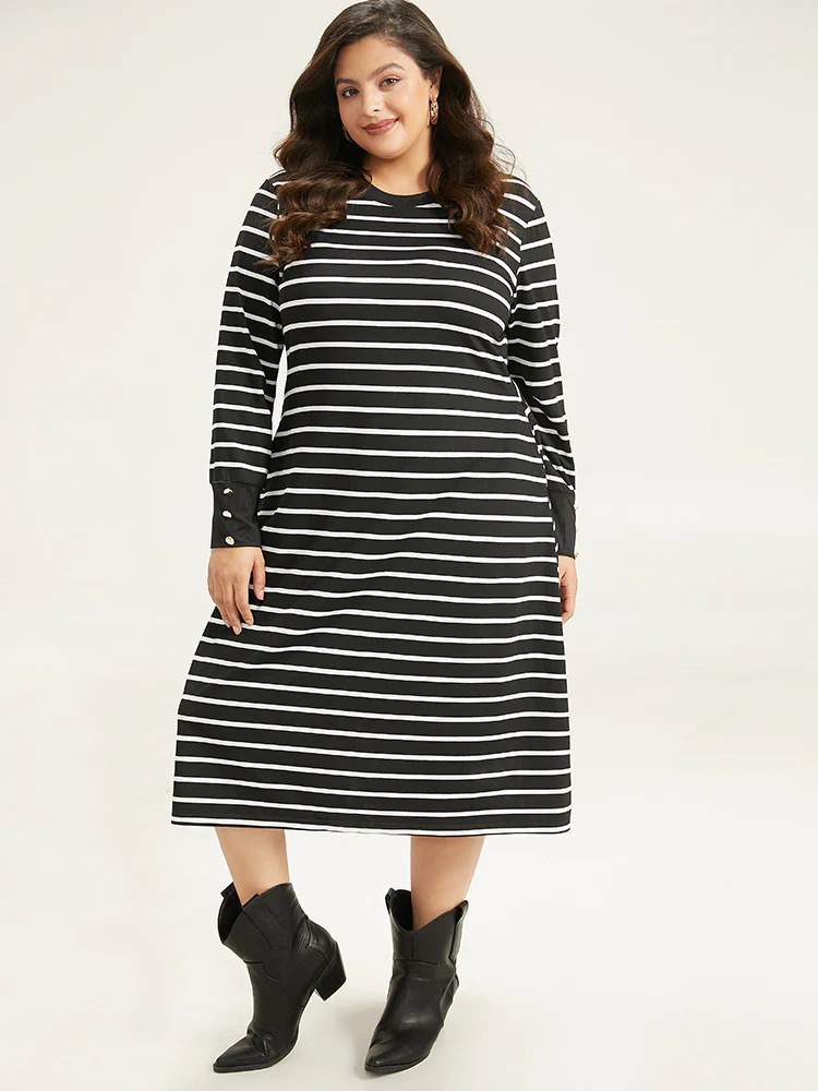 Rib Knit Striped Button Detail Patchwork Dress - Image 6