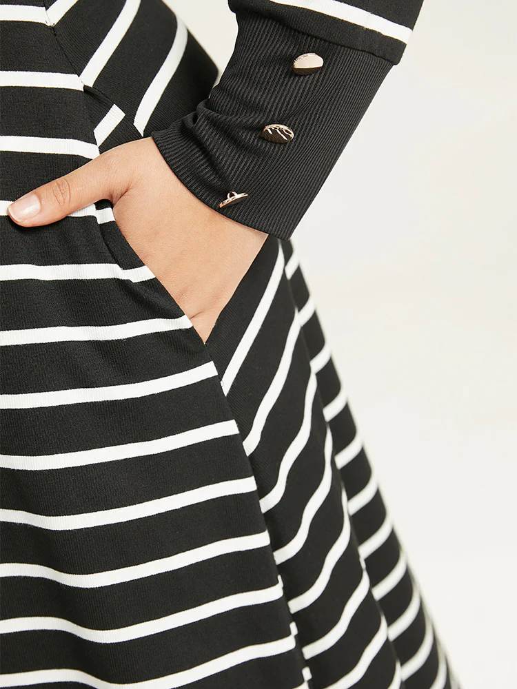 Rib Knit Striped Button Detail Patchwork Dress - Image 8