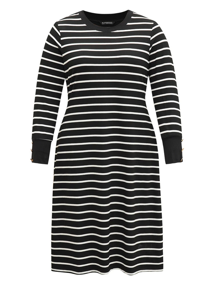 Rib Knit Striped Button Detail Patchwork Dress - Image 9