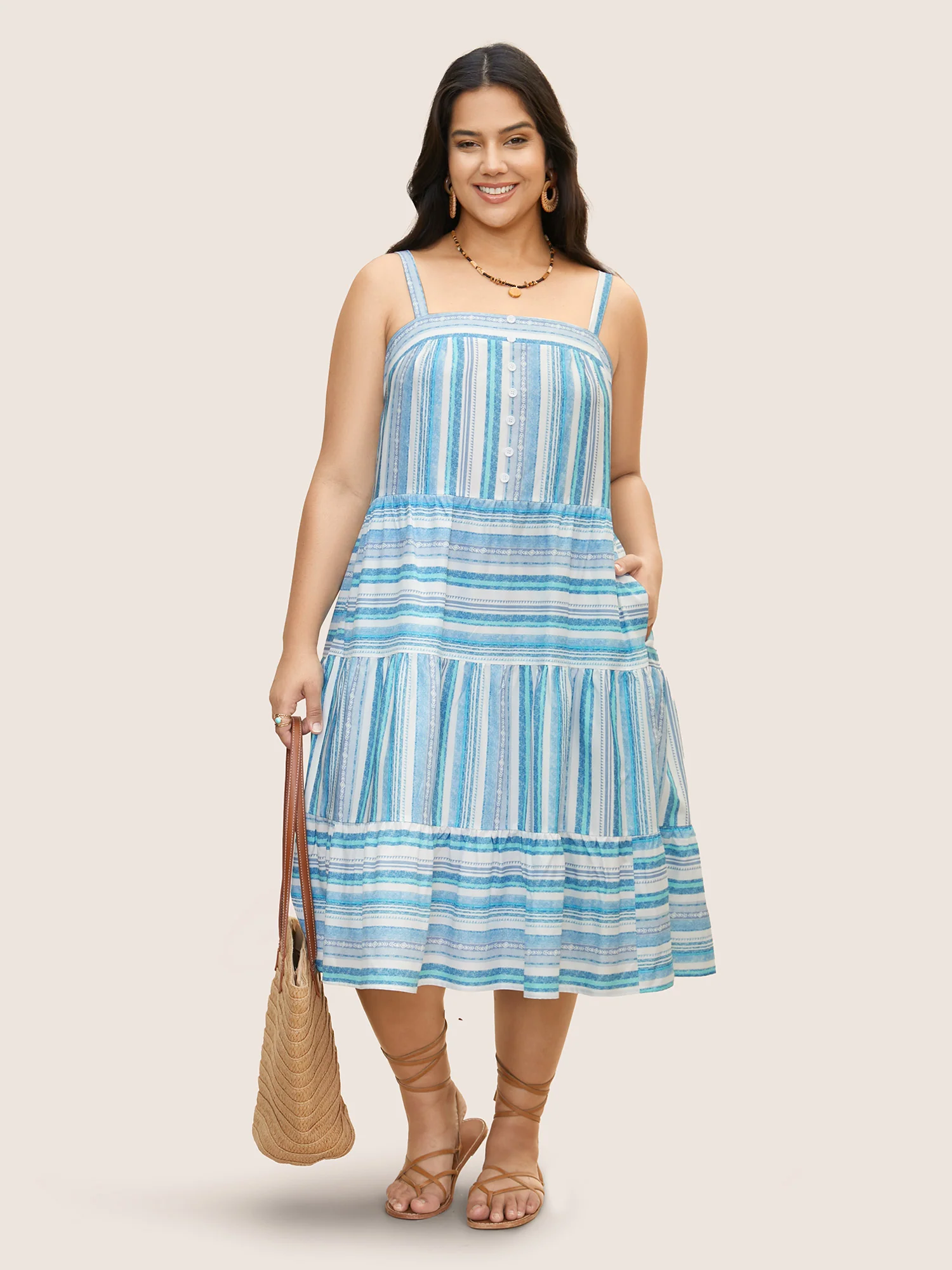 Striped Button Detail Ruffle Layered Hem Dress