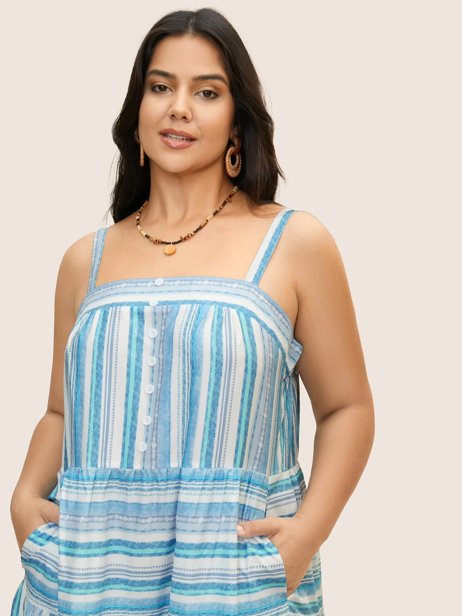 Striped Button Detail Ruffle Layered Hem Dress - Image 2