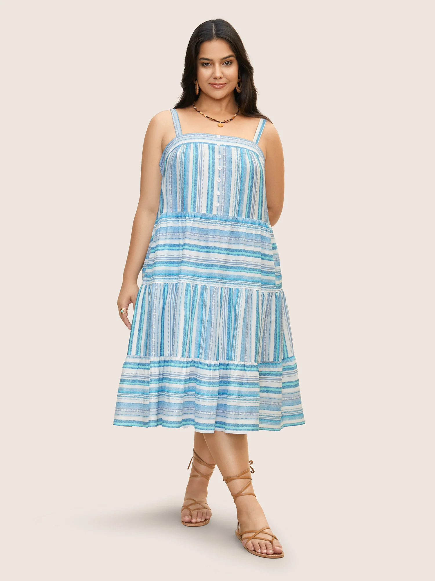 Striped Button Detail Ruffle Layered Hem Dress - Image 3