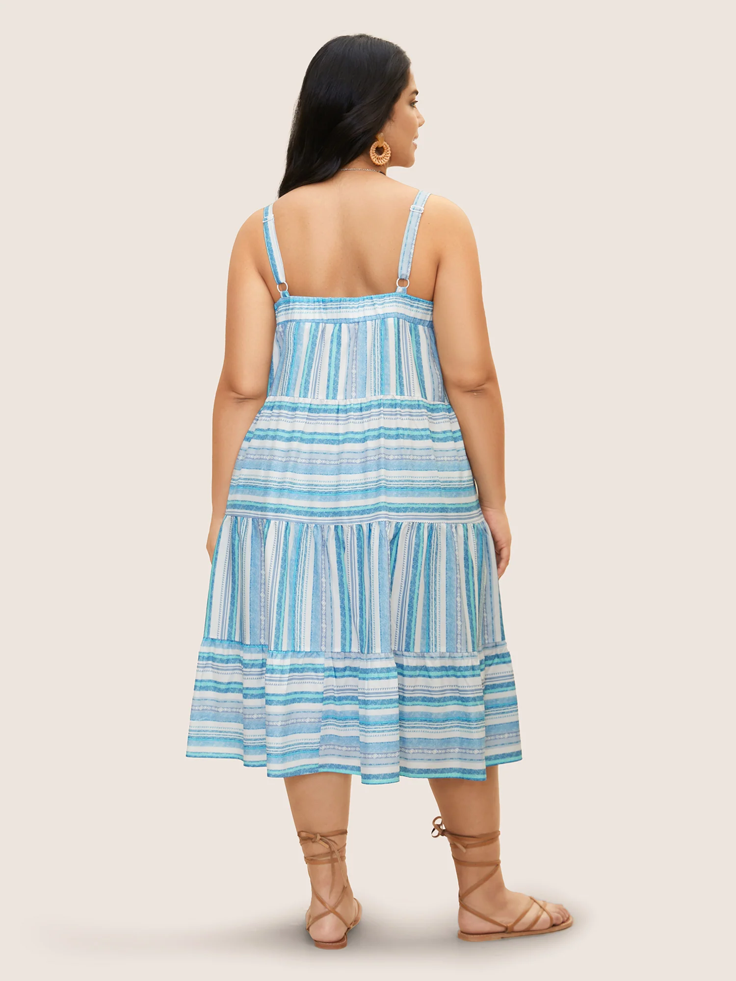 Striped Button Detail Ruffle Layered Hem Dress - Image 4
