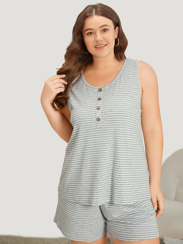 Striped Print Button Detail Pajama Top - Image 3