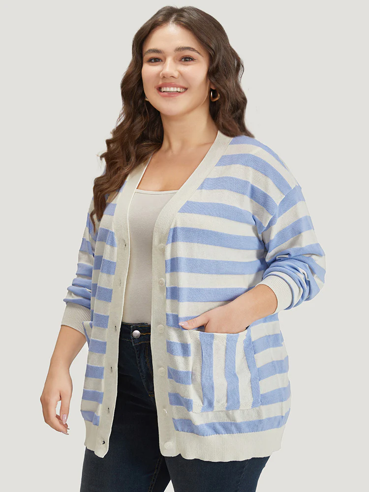 Striped Button Down Patched Pocket Cardigan - Image 3