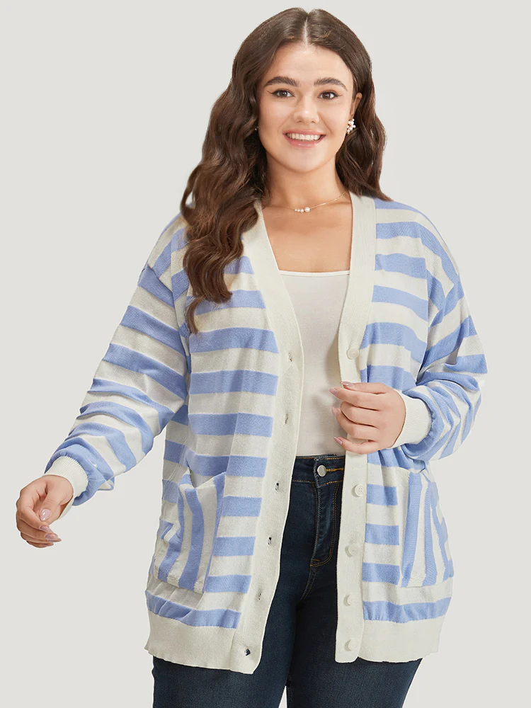 Striped Button Down Patched Pocket Cardigan - Image 4