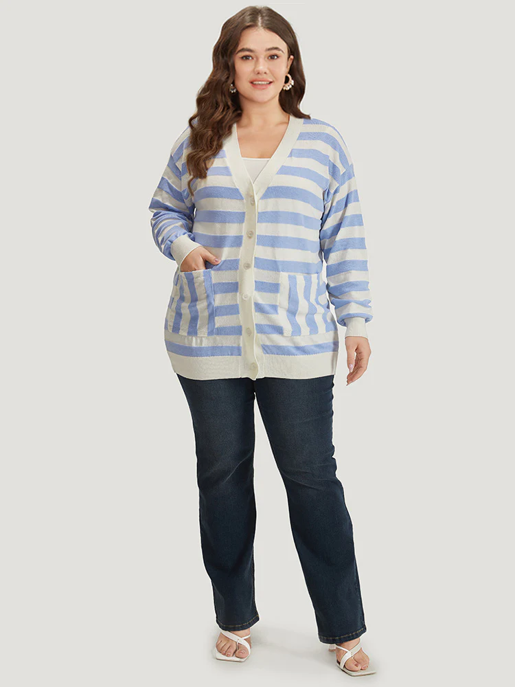 Striped Button Down Patched Pocket Cardigan - Image 5