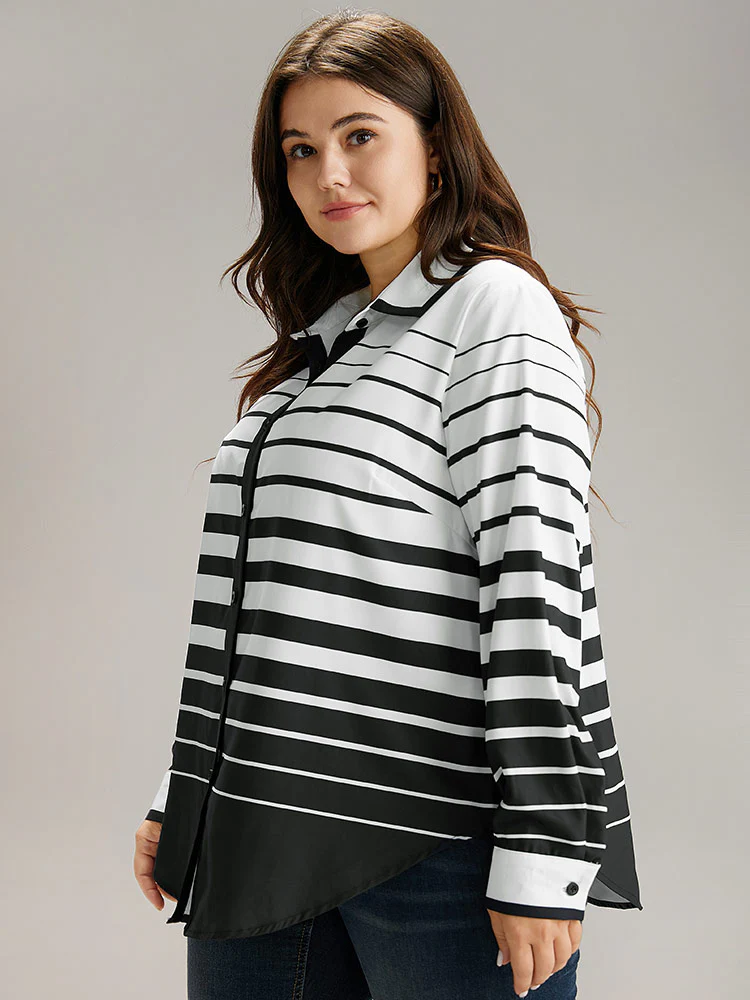 Striped Button Through Curved Hem Blouse - Image 3