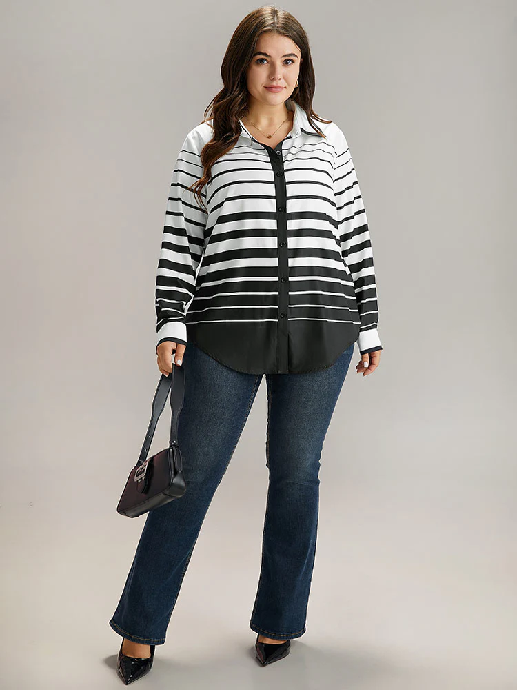 Striped Button Through Curved Hem Blouse - Image 4
