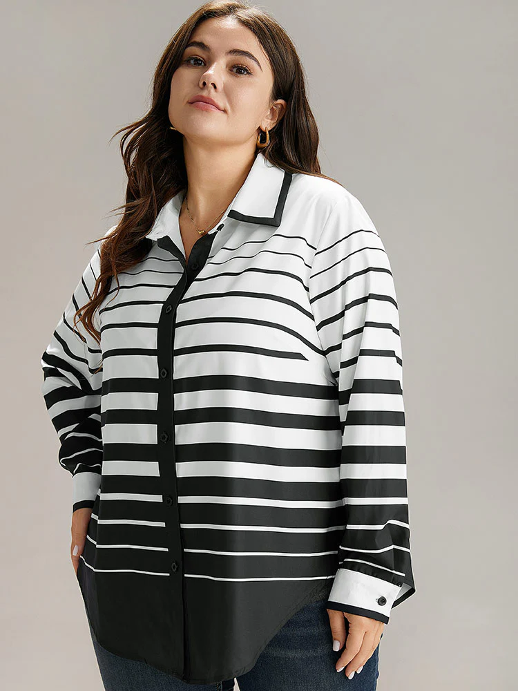 Striped Button Through Curved Hem Blouse - Image 5