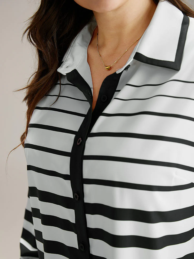 Striped Button Through Curved Hem Blouse - Image 6