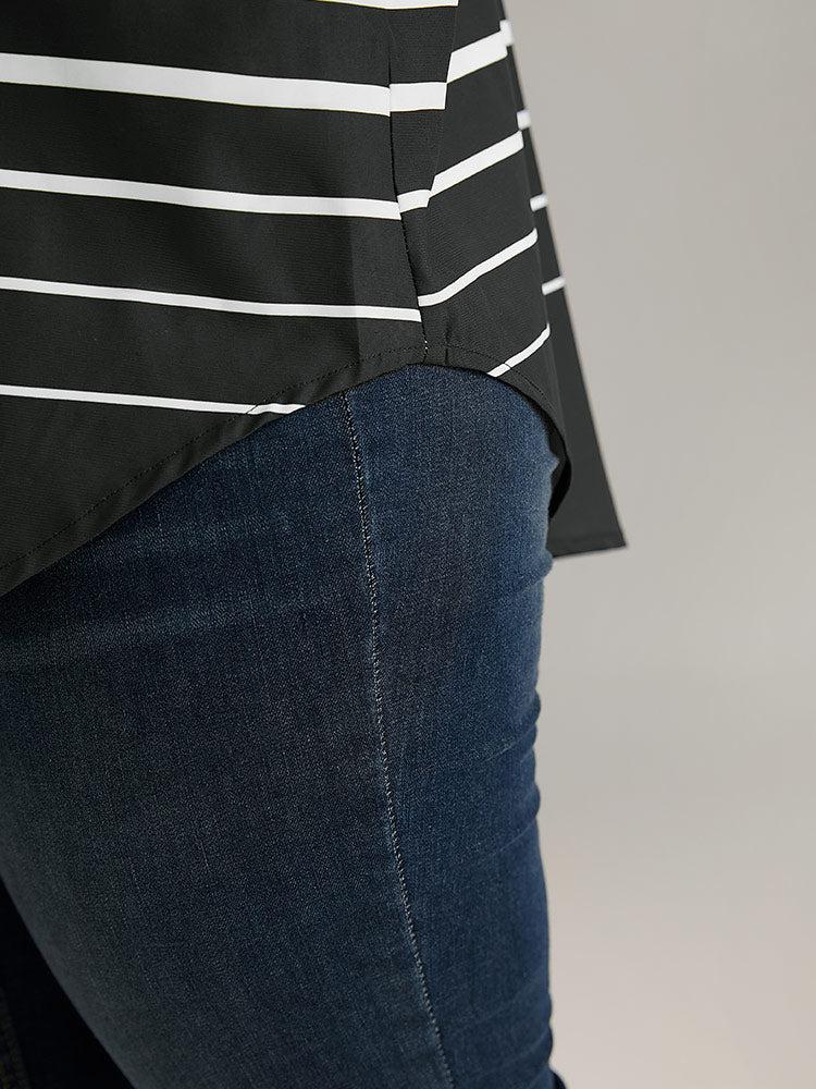 Striped Button Through Curved Hem Blouse - Image 7
