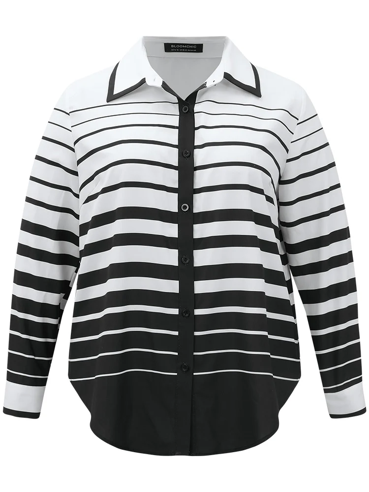 Striped Button Through Curved Hem Blouse - Image 9